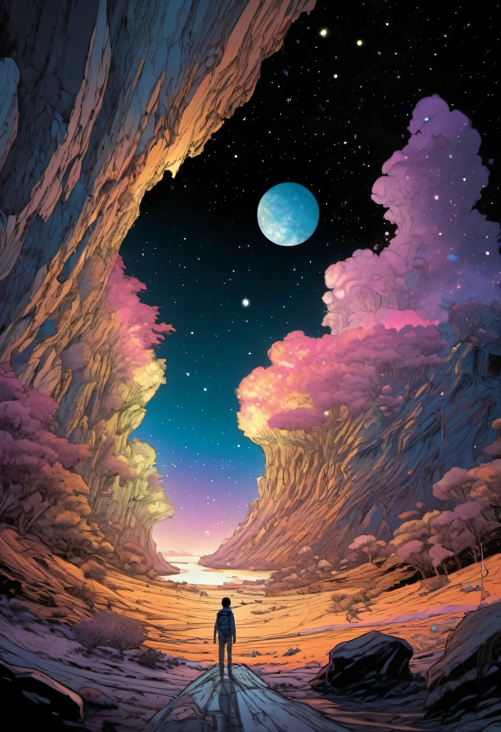 Space、high ceiling cave、diego gisbert lawrence、Josan Gonzalez、Written by Dan Mumford、Picture book illustration、Psychedelic Art、One Girl、Starlight、nebula、Starlight in the night sky、vague、Ultra-wide shot,Tabletop、highest quality、Ultra-detailed、Intensive、Golden ratio composition、