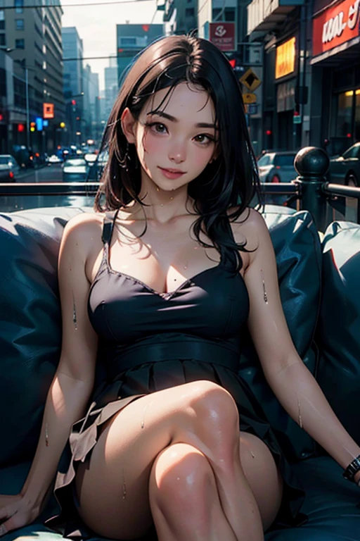 (RAW Photos, 最high quality), (Realistic, photoRealistic: 1.2), (Round face: 1), 1 girl, Outdoor selfie, (Skin with attention to detail: 1.2), (Puffy eyes), (Lying Silkworm), smile, clavicle, water, Straight brown black hair, Black pleated skirt, Soft lighting, high quality, Cityscape, Skyline, night, rain, Wet, Professional Lighting, Photon Mapping, Radio City, Physically Based Rendering,