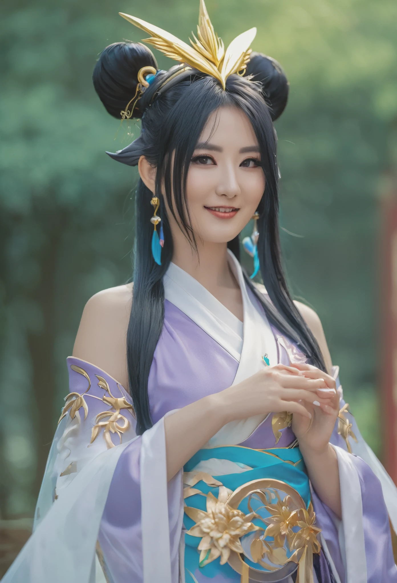 Gros plan d&#39;une femme en costume avec des ailes, déesse animée, princesse du lotus doré, Belle reine fantastique, bian lian, Cosplay de fille d&#39;anime, Zhongli dans Genshin, beau mage céleste, Inspiré par Lan Ying, ((Belle reine fantastique)), Robe magique fluide, xianxia complet du corps, Keqing de Genshin Impact，cheveux noirs, élastiques à cheveux, grimacer, long cils, Yeux circulaires pleins, Fausses oreilles d&#39;animaux, léger sourire, rougir les oreilles, croc, Surréalisme, ombre portée, anaglyphe, stéréogramme, tachi-e, Point de vue, perspective atmosphérique, 8k, Super détail, précis, Meilleure qualité