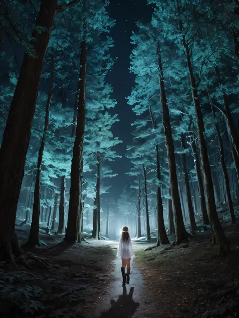 (Super detailed,ultra high resolution,detailed background)),ancient city,dark forest at night,spooky,Chill,Inspiration,1 girl,we...