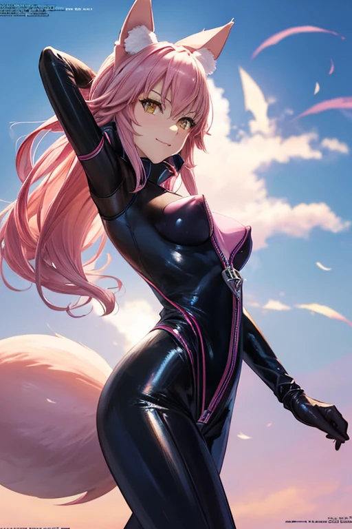 masterpiece,best quality,high resolution,(1woman:1.5),full body,perfect face,perfect body,(megami magazine:1.5),pale skin,fighter,(pink long policytail hair:1.3),seductive smile,blonde eyes,(large breasts:1.2),(large ass:1.1),(small nipples:1.3),(pink fox ears:),(pink fox a big tail:1.3),(black catsuit:1.3),stand,(catsuit erect nipples:),cameltoe,(catsuit clothed:1.5),looking at viewer,,(Fate Grand Order illustration Koyanskaya:),