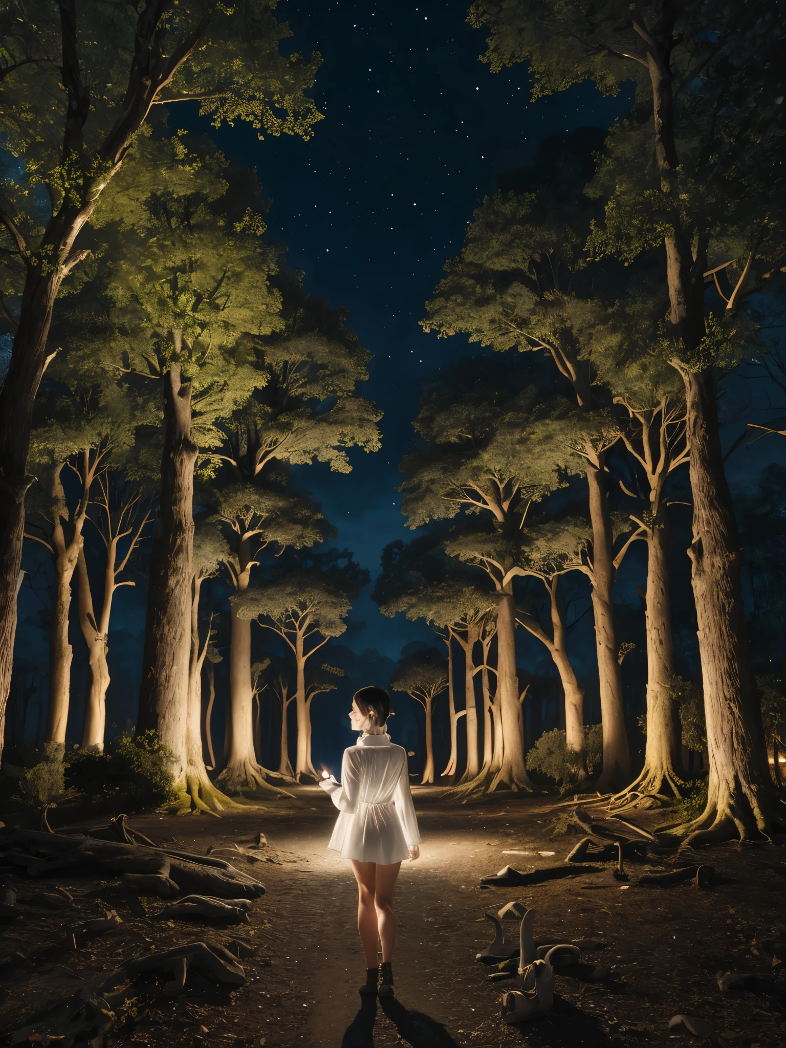 (Super detailed,ultra high resolution,detailed background)),ancient city,dark forest at night,spooky,Chill,Inspiration,1 girl,wearing a minidress、Wearing a white collared long-sleeved blouse、facing away 