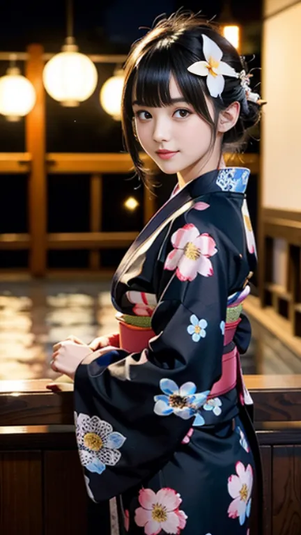 ♥(Japanese beautiful flower printed kimono,yukata),((1girl,cute,young,semi long beautiful black hair,blunt bangs,twin tales,beau...