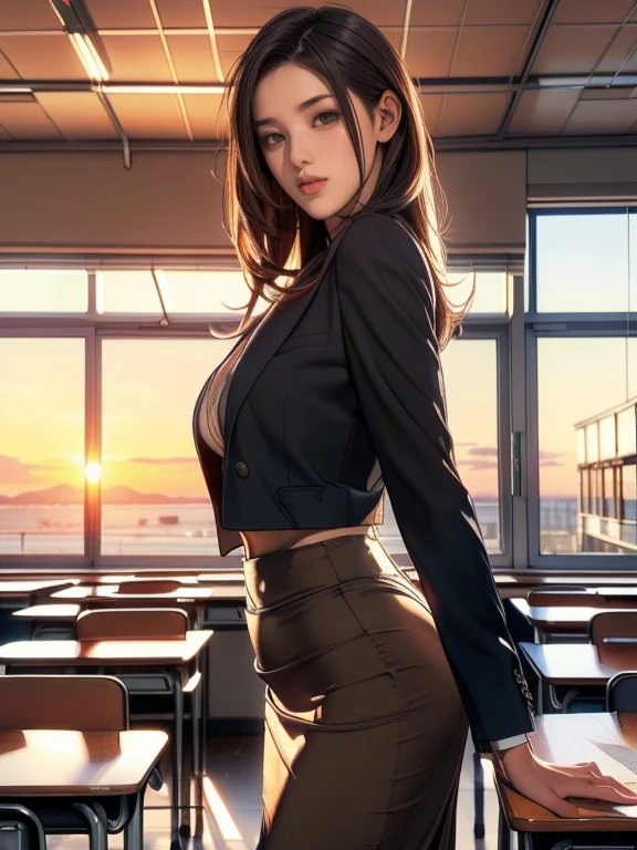 (8k,Photorealistic, masutepiece, Best Quality, Raw photo:1.3)、1girl in, 18years old,Solo,school girl, Long hair, Brown hair, Detailed beautiful face, alluring face, (Detailed beautiful brown eyes:1.2), medium breasts,(cleavage cutout:0.3),(coverd nipples:1.1),(loose suit, sheer pencil Skirt :1.35), ( Perfect body skinny beauty: 1.4),( temptation Pose:1.3), (Looking at Viewer, front view,eyes focus:1.2), Detailed background, (sunset:1.2), classroom,fine detailed, intricate detailes,  Ray tracing, depth of fields, seductive smile,classroom,