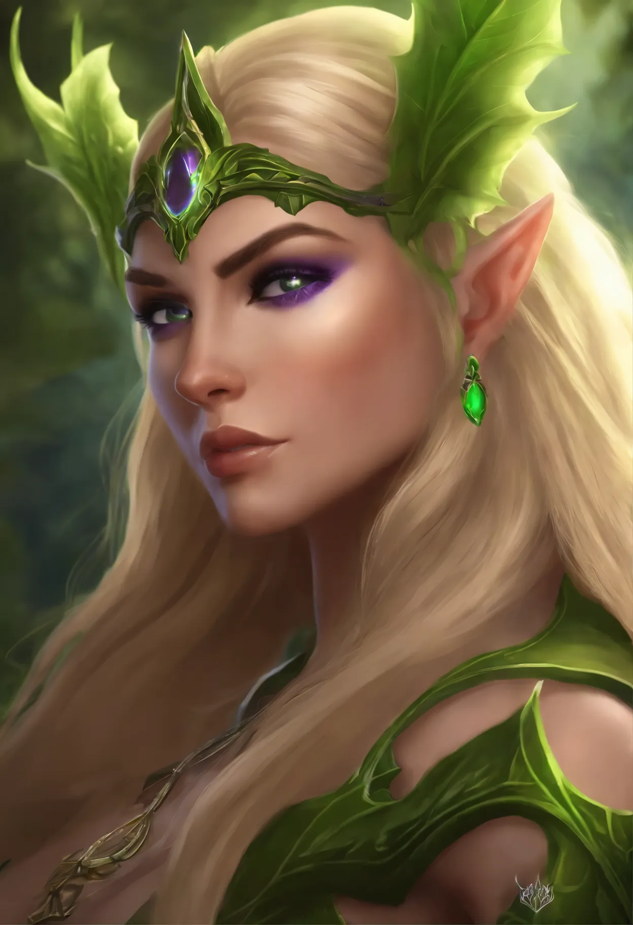 A woman with long blonde hair and a green dress in a forest - SeaArt AI