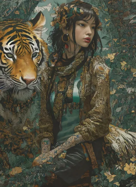 znchn style, formal, masterpiece, beautiful, high contrast, art, face focus portrait, cute girl in fantasy clothes, tiger, leath...