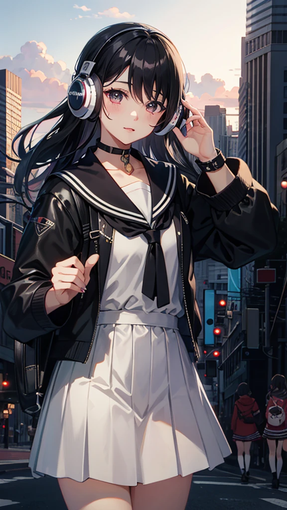 (Put on your headphones:1.0),Anime Girls Walking Down the Street, Beautiful anime school girl, Cute girl anime visuals, Anime Girls with Long Hair, Smooth anime CG art, 若いAnime Girls, Attractive Anime Girls, Anime Style 4k, surreal , anime art wallpaper 8k, City Girl Fan Art, Anime Girls, Digital anime illustration