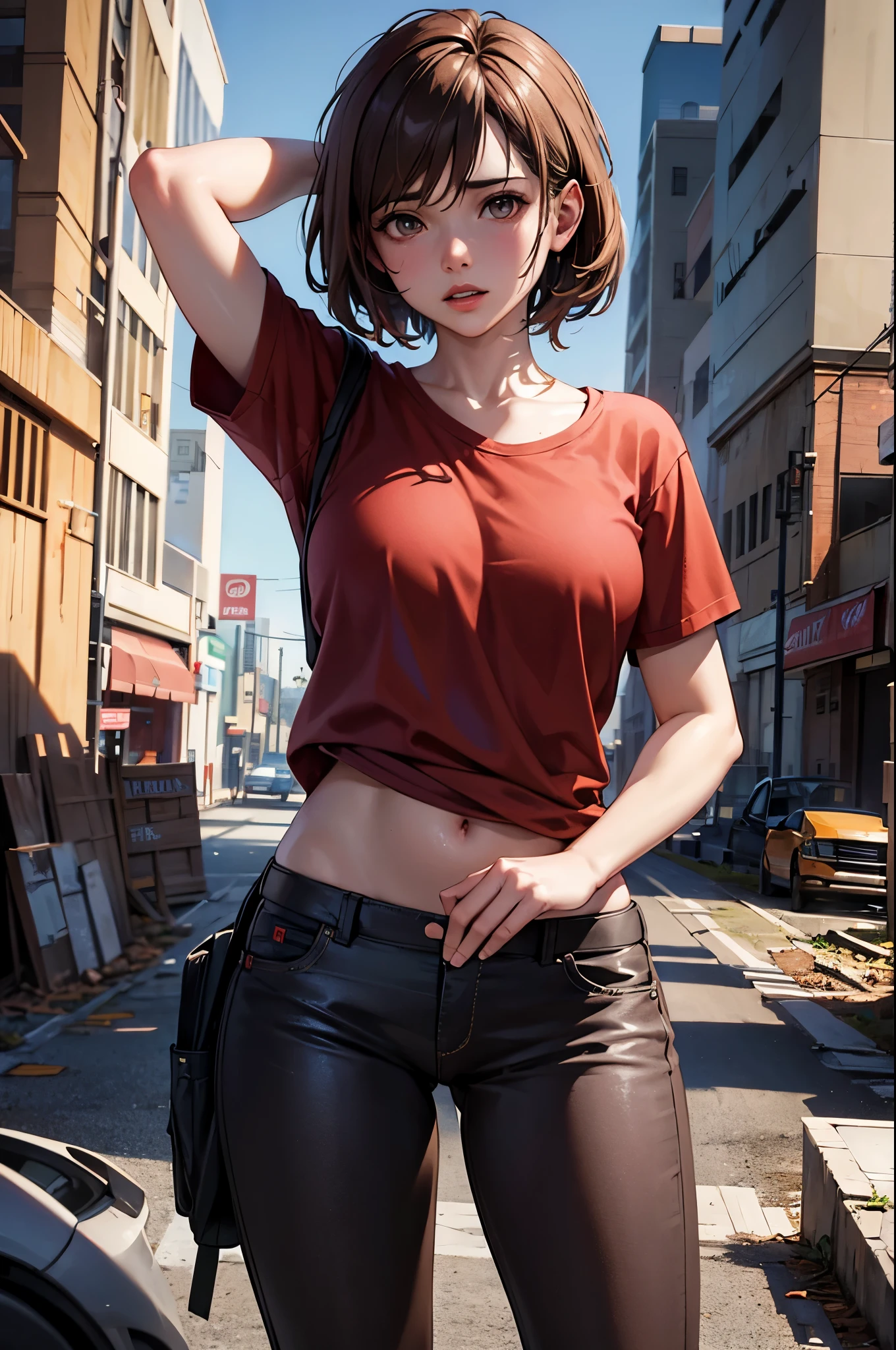 NSFW, chef-d&#39;œuvre, 1.4Image supérieure 4K, Ellie le dernier d&#39;entre nous, cheveux bruns, T-shirt rouge, pantalon bleu foncé, Rendu dans une ville apocalyptique, Montrer une culotte, Ultra réaliste, fond d&#39;écran 4k, EnvyBetterHands LoCon.