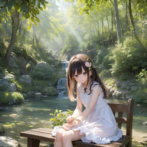 (ocean View) Girl inside(Calm) Country garden, Lush greenery and vibrant flowers々Surrounded by. she is(Wooden bench) and a(Soft ...