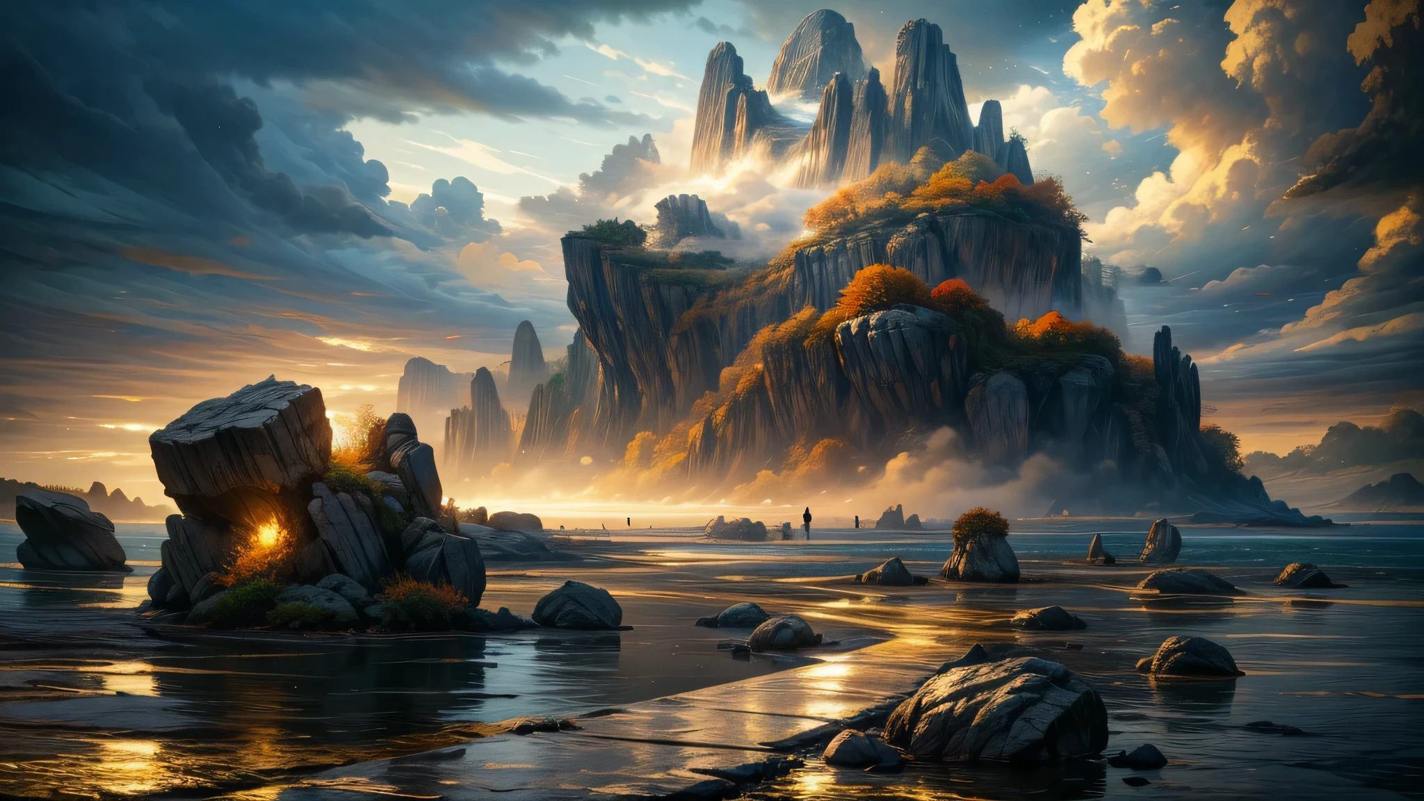 (masterpiece, best quality:1.2), Super Detail, Movie Lighting, High Dynamic Range, illustration, Huge rocks form habitats in the ocean, Floating Island, fall, pumice, cloud, FOG, Colorful, Woman Travel, mystery, Very detailed, High contrast, Golden Ratio Composition, Epic views, masterpiece