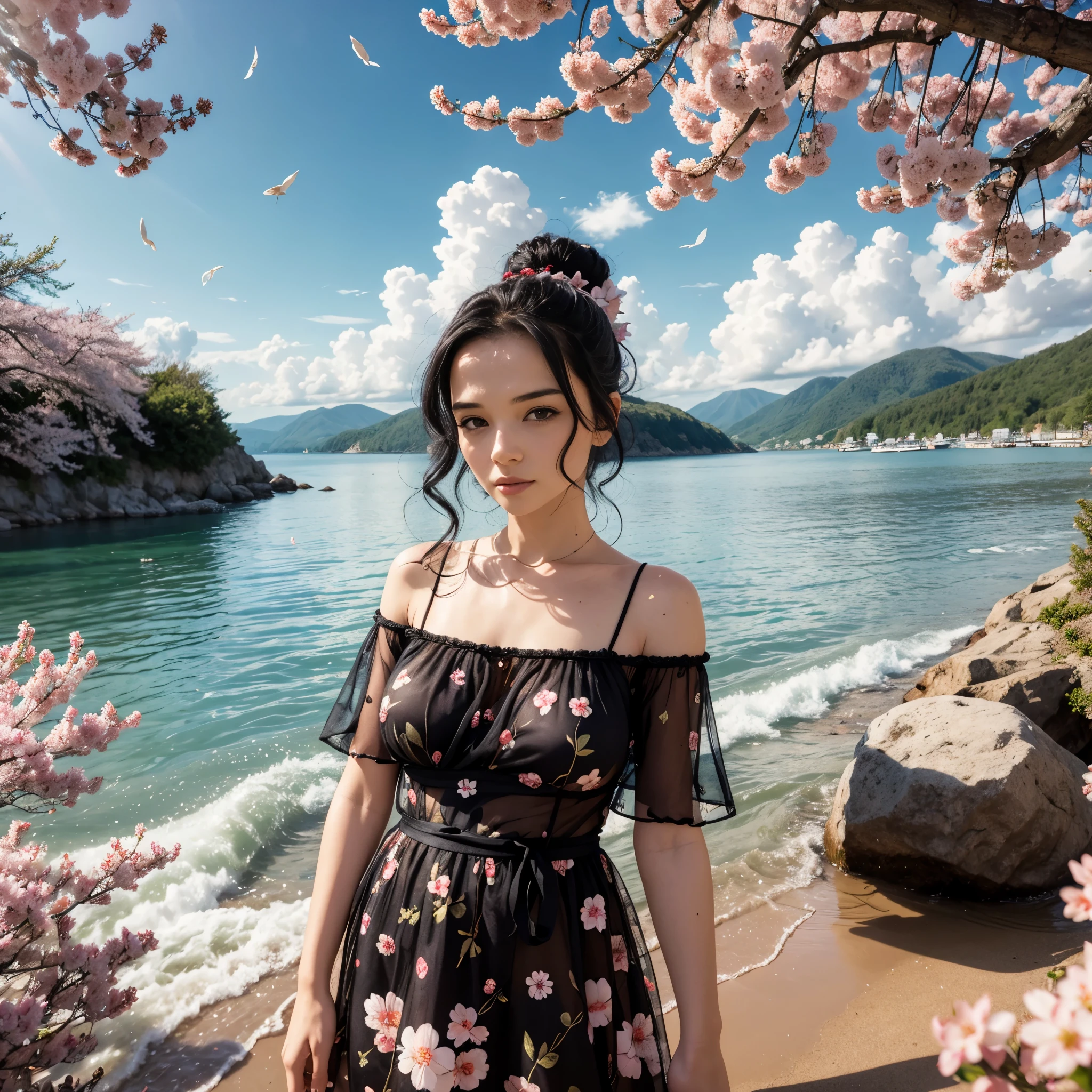 1 Mädchen,schwarzes Haar, schwebendes Haar, seasiDe,Landschaft,lanDscape,Kirschblüten, fallende Blütenblätter, Sonnenstrahl,goD rays,upper boDy,  Dress, viel.D