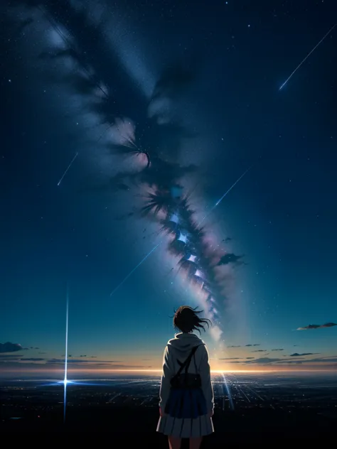 anime drawings inspired by makoto shinkai, a girl throws stars into the dark sky in an arc, shooting stars radiating from the ni...