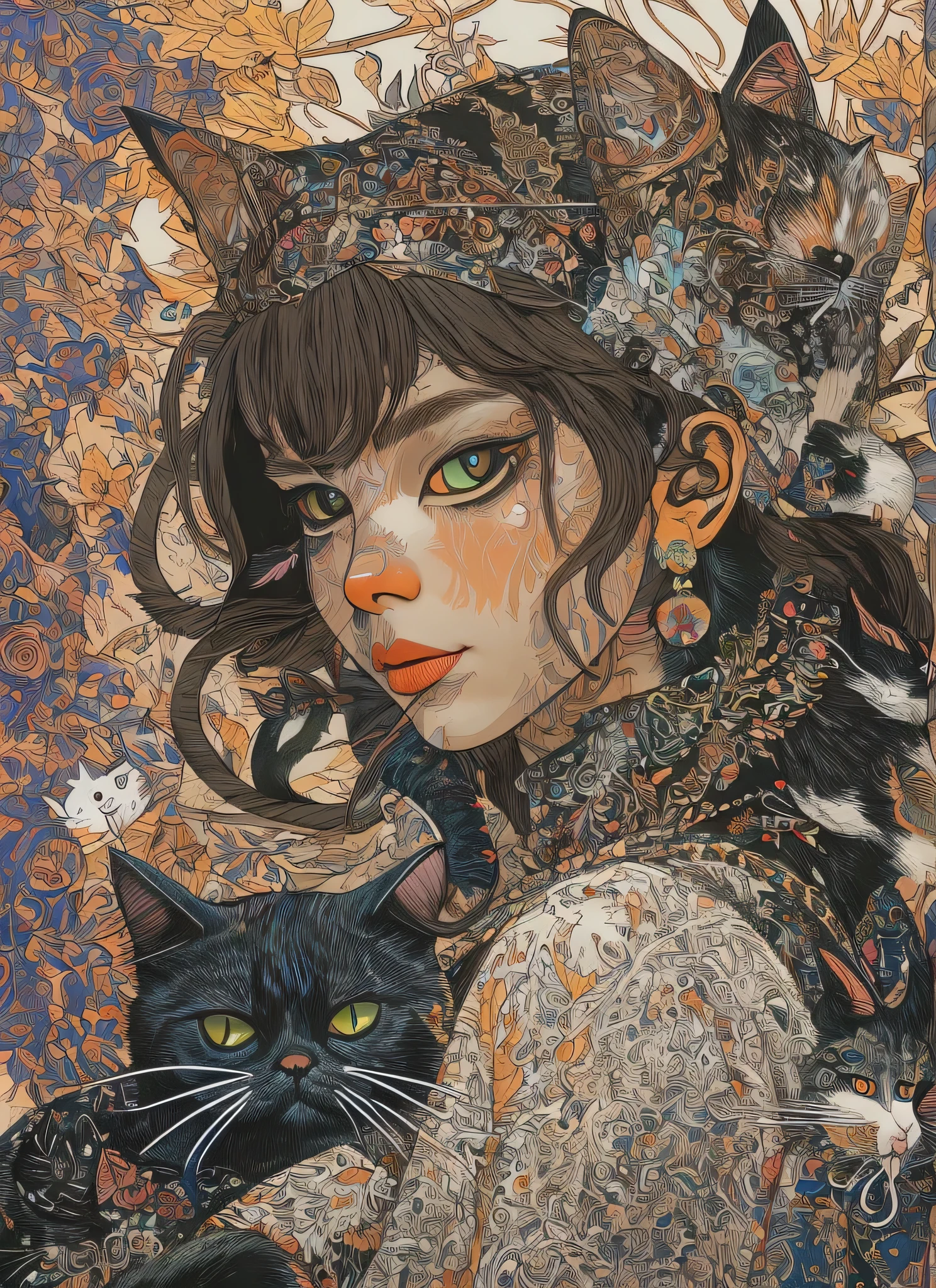 znchn style, formal, masterpiece, beautiful, High Contrast, art, face focus portrait, Cute girl in fantasy clothes, (Cat:1.6), Leather clothing, Facing audience, Hands at your side, Flowers, brown hair, Blunt bangs, long hair on the shoulders,  lips eyelashes, forest,　scarf, figure, Subtle colors, profile, Subtle colors, post grunge, concept art, Paint splatter, Intricate details. Very detailed, Fine grain, Trending on artstation, by josan gonzales and wlop, By James Jean,  David Rabun, Mike Mignola, Laurie Greasley,Ultra high definition