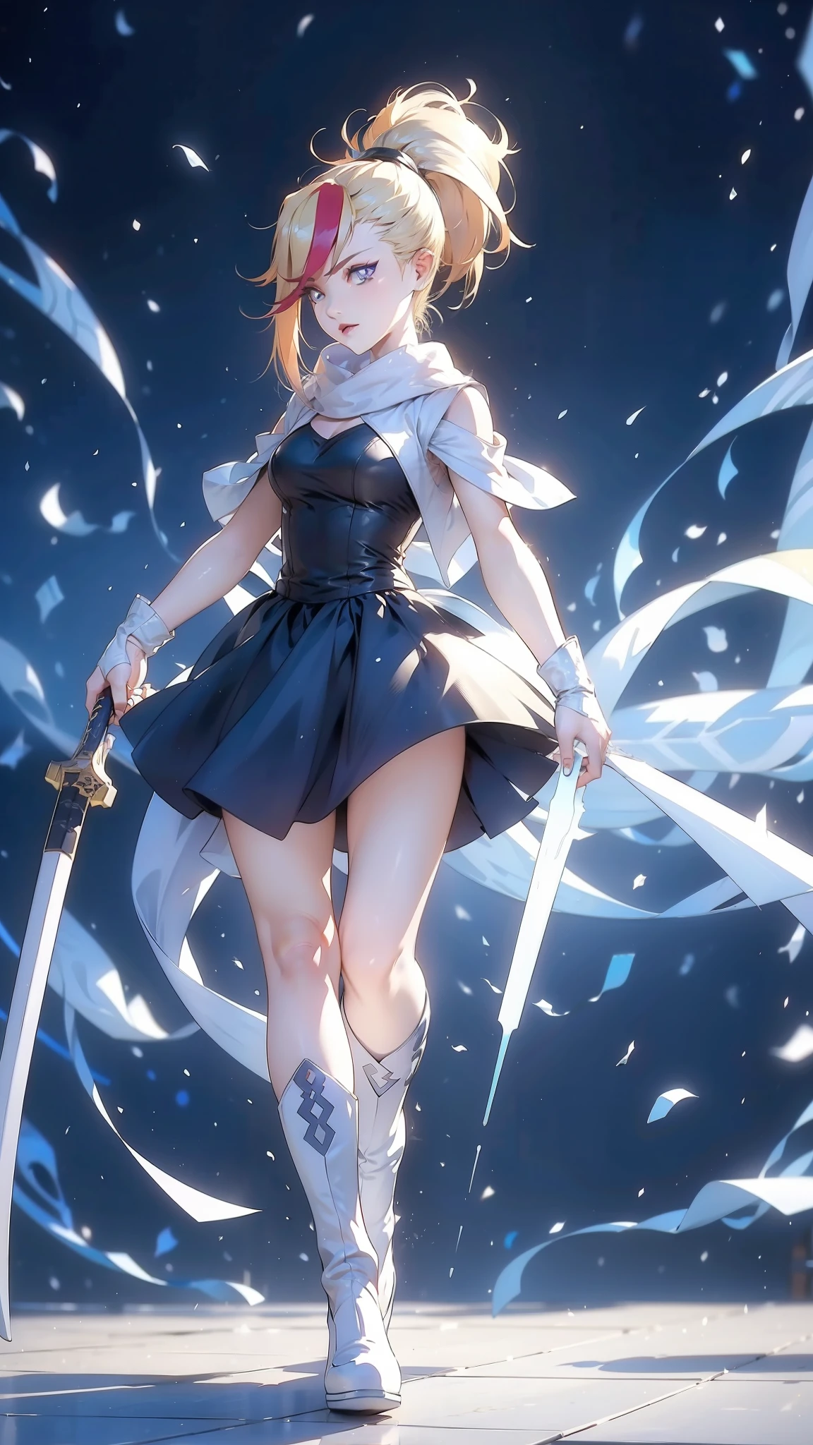 1 girl, ultra long hair, ultra detailed face, glowing lips, glowing blue eyes, very long ponytail, elegant walk, catwalk, holding down a  giant katana, blonde, long eyelashes, long boots , looking to the sky, starry sky, a ultra giant katana 