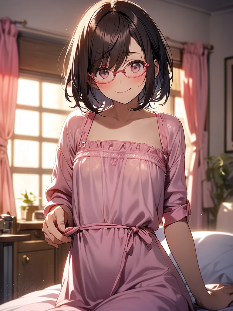 alone, 10th generation women, Very small breasts, Dark brown hair, short hair, A wide forehead is visible, Small glasses, Pink nightgown, See-through, Nipples are visible, Girl&#39;s Room, Sitting on the bed, A shy smile, Blushing, high quality, High resolution, Upper Body, Focus your eyes,