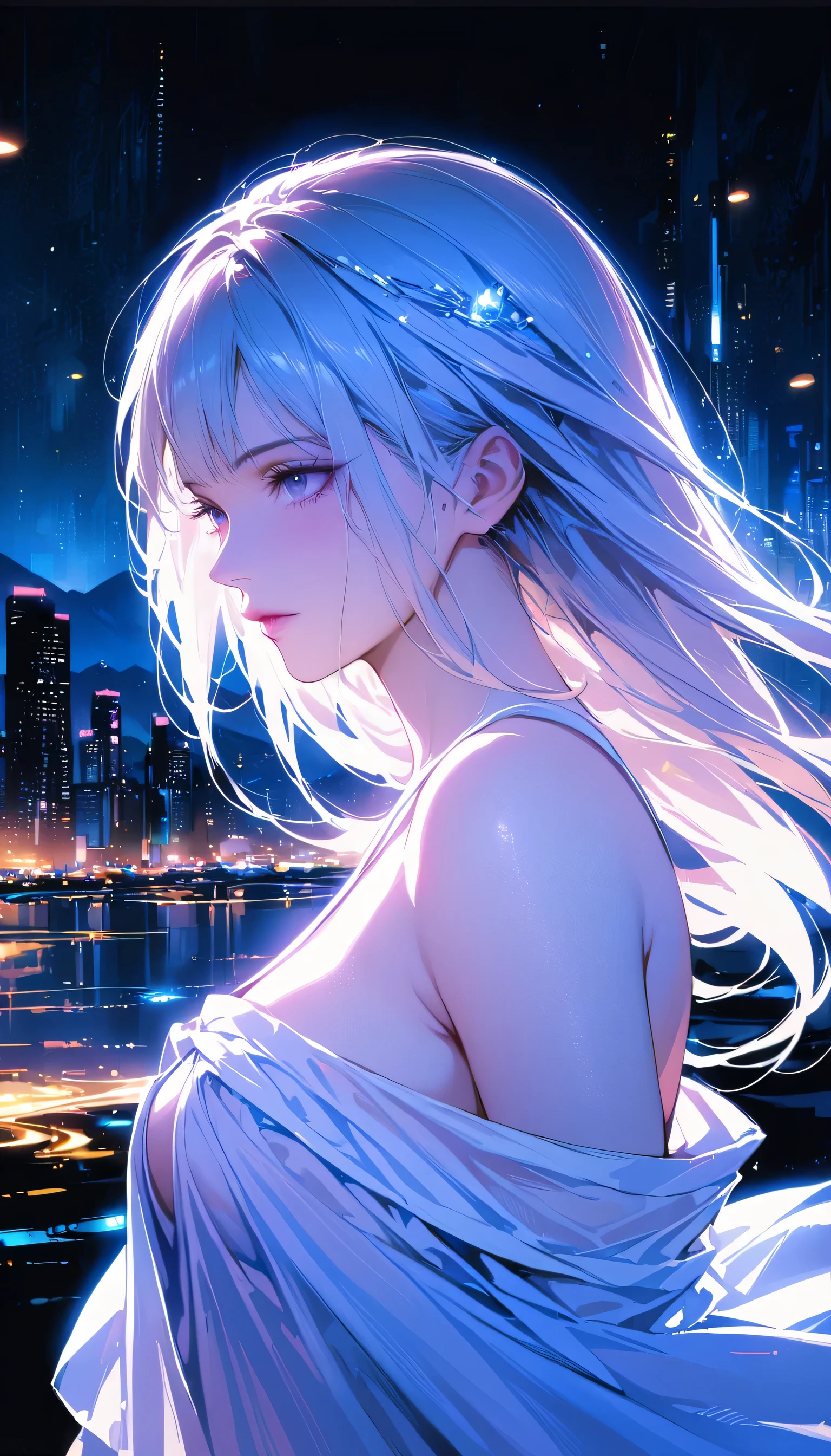 highest quality, masterpiece, High resolution,, One girl, Detailed face, (Upper Body:1.6), Cyber City, Mountains and Rivers, night, Firefly Light, Realistic, Lots of details, (White Hanfu:1.2), (Beautiful body:1.4),