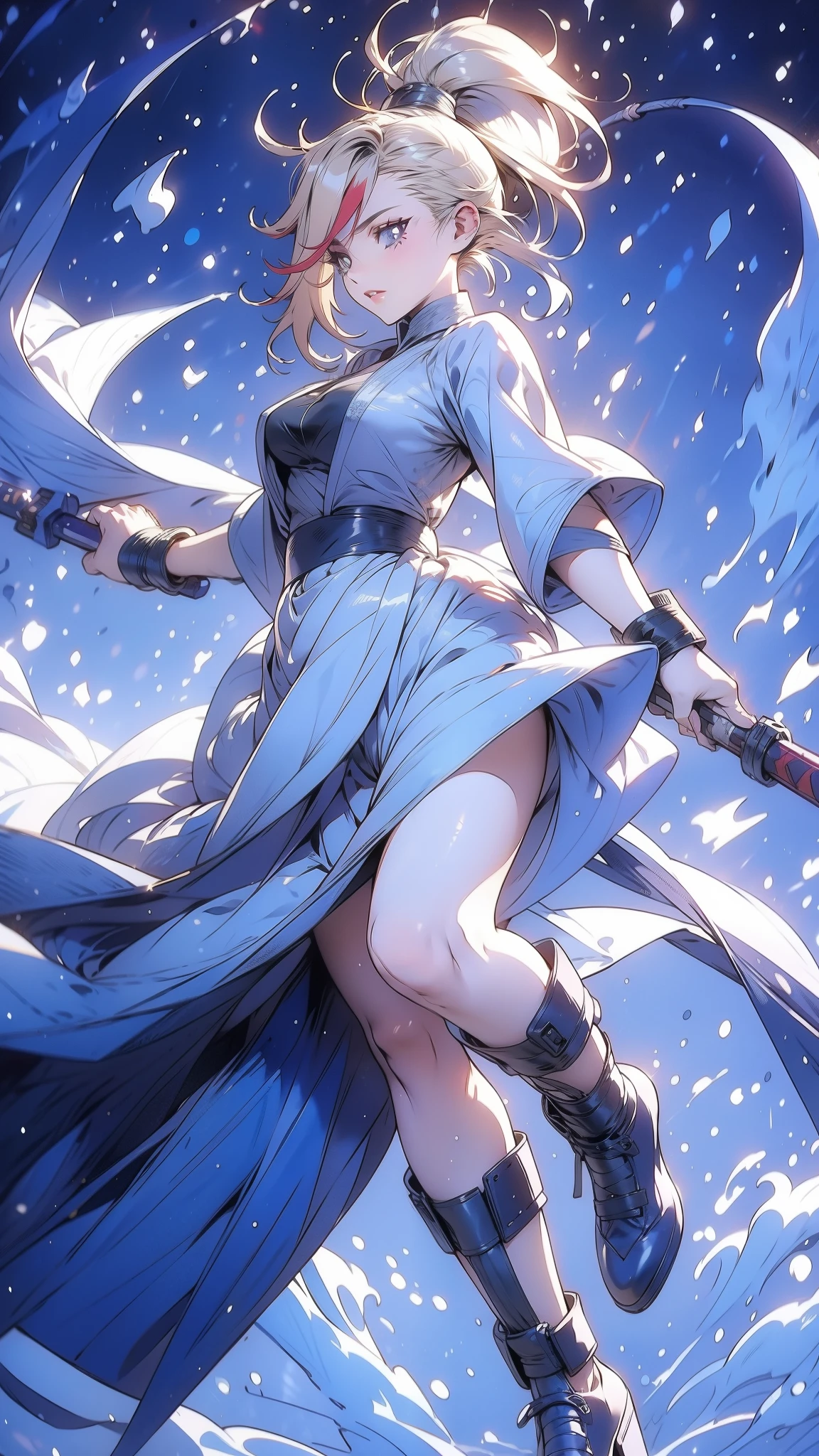 1 girl, ultra long hair, ultra detailed face, glowing lips, glowing blue eyes, very long ponytail, elegant walk, catwalk, holding down a  giant katana, blonde, long eyelashes, long boots , looking to the sky, starry sky, a ultra giant katana 