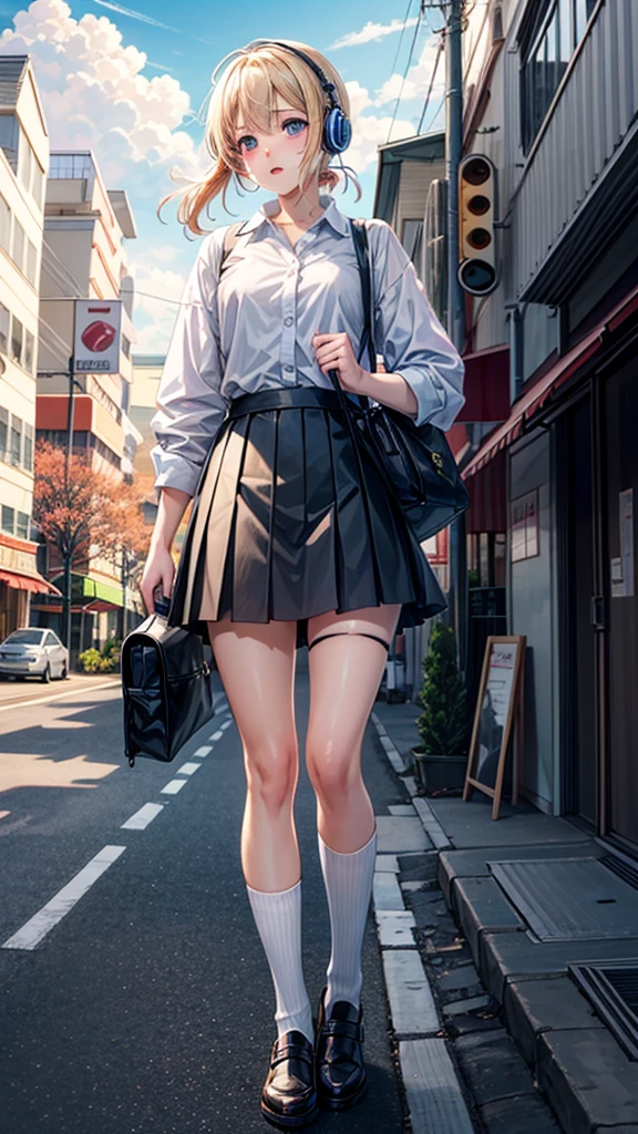 (Put on your headphones:1.0),道を歩いているAnime Girls, Beautiful anime school girl, Cute girl anime visuals, 長い髪のAnime Girls, Smooth anime CG art, 若いAnime Girls, 魅力的なAnime Girls, Anime Style 4k, Surreal , anime art wallpaper 8k, City Girl Fan Art, Anime Girls, Digital anime illustration、uniform