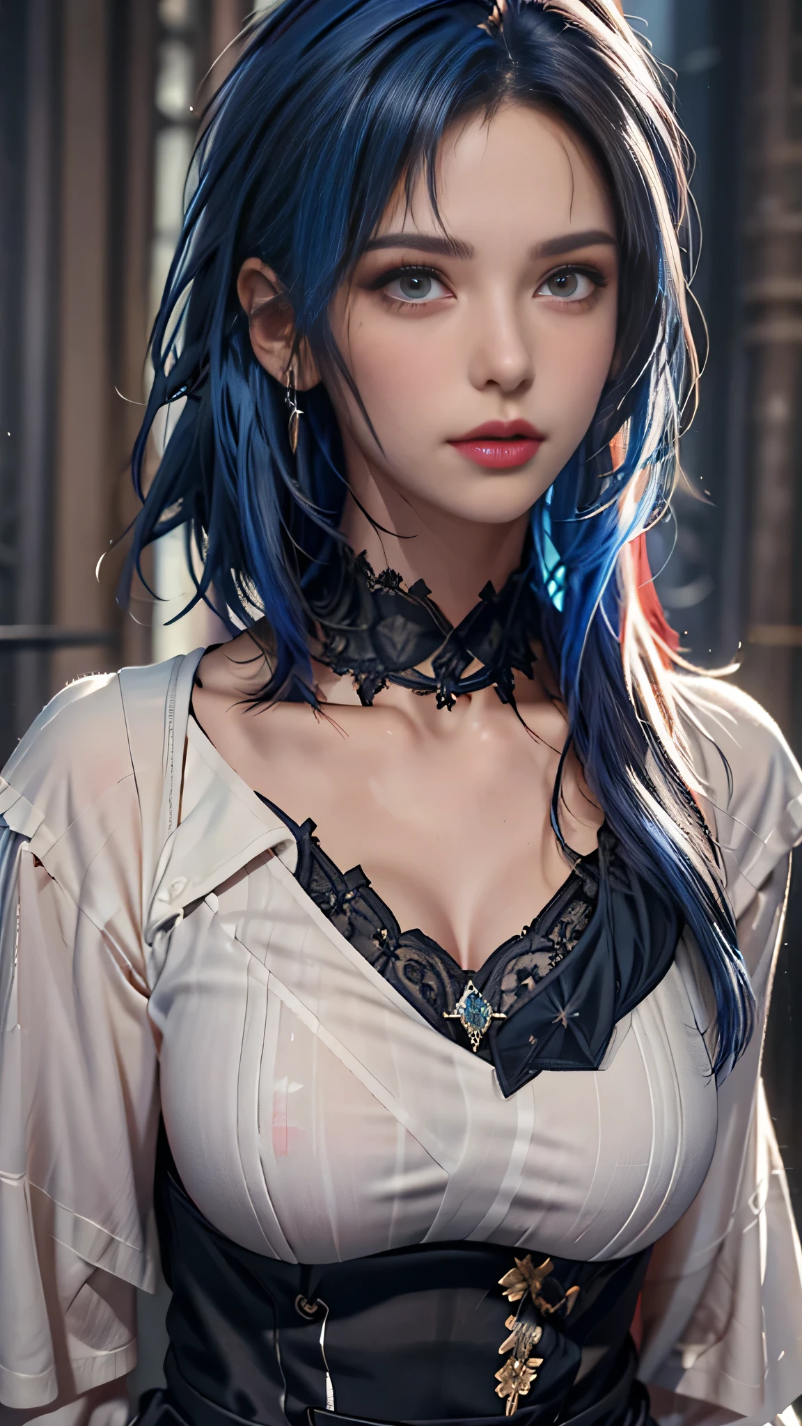 masterpiece, highest quality,3D rendering work ,3dmm style,close,Portraiture, 3D,One girl, alone, Multicolored Hair, Blue Hair, Black Hair, necklace, freckles, jewelry, Two-tone hair, When you look to the side, Realistic, Upper Body, Simple Background, bangs, avert your eyes, short hair, parted lips, Iris, lips, Gothic, choker, compensate, Mole, black shirt, shirt, watermark