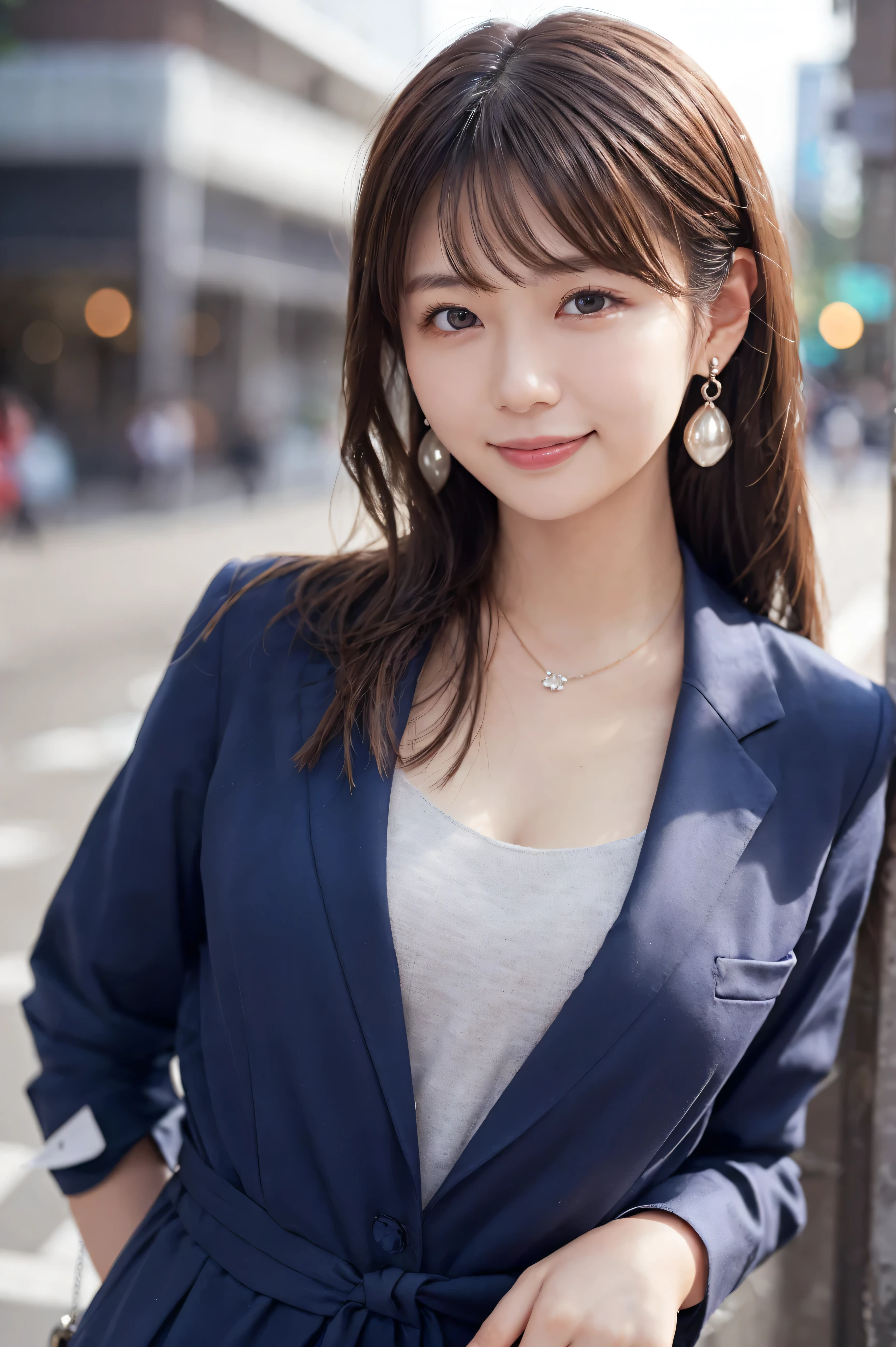 1 girl, Office Lady、On the way to work、Snapshots in Shibuya, Tokyo、(Wear a classy dark blue suit、Photo from the waist up、Small silver earrings、small silver necklace:1.2), (RAW Photos, highest qualそれy), (Realistic, Realistic:1.4), Tabletop, Very delicate and beautiful, Very detailed, 2k wallpaper, wonderful, finely, Very detailed CG Unlimited 8K wallpaper, Very detailed, High resolution, Soft Light, Beautiful detailed girl, Very detailed目と顔, Beautiful and sophisticated nose, Finely beautiful eyes, Cinema Lighting, Perfect Anatomy, Slender body, Was nervous, 
Straight semi-long hair, bangs, Looking at the audience, smile.medium breasts.