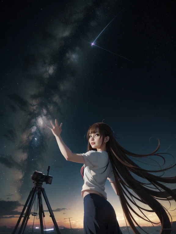 dessins animés inspirés de Makoto Shinkai, Une fille jette des étoiles dans le ciel sombre en formant un arc de cercle, Des étoiles filantes rayonnant du ciel nocturne, Des étoiles autour de la fille々Nombre de personnes recherchant々Créatures de, Tout le monde regarde le ciel nocturne avec un sourire, Fond d&#39;écran animé 4K,fond d&#39;écran animé, cyrille roland,