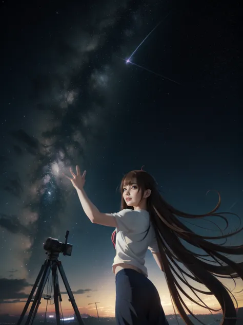 Anime drawings inspired by Makoto Shinkai, A girl throws stars into the dark sky in an arc, Shooting stars radiating from the ni...