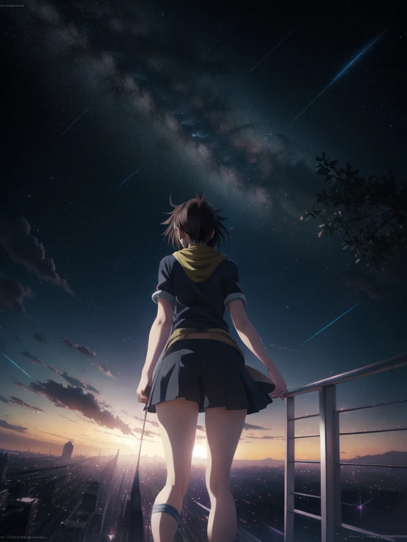 Anime drawings inspired by Makoto Shinkai, A girl throws stars into the dark sky in an arc, Shooting stars radiating from the night sky, Stars around the girl々Number of people looking up々Creatures of, Everyone looks up at the night sky with a smile, 4k anime wallpaper,anime art wallpaper, Cyril Roland,