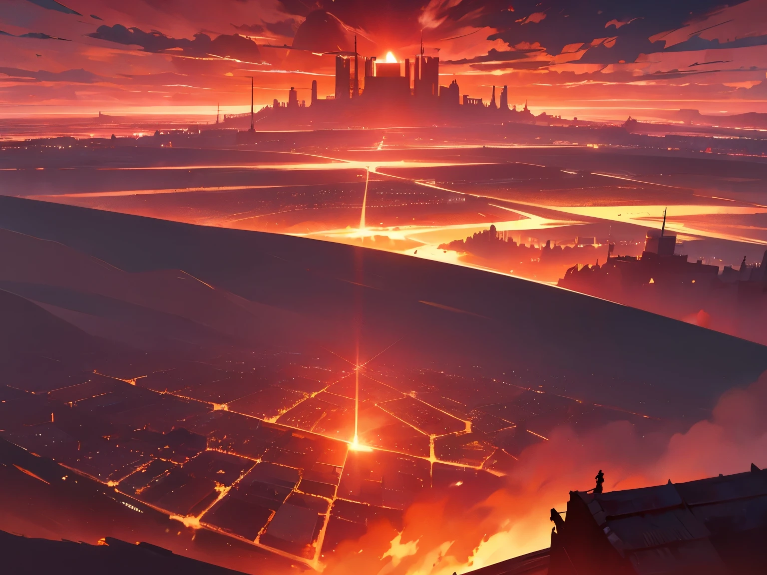 soirée, raDiant sky, Dusk, lune, reD sky, ciel rougeoyant, giant lanDscape scenery, angleD, Dynamic shot, scène intense, guerre, ruineD area, Rayons du soleil, reD ciel rougeoyant, Scène folle, Dystopian, monstrous lanD, folie, fantaisie, D&D, goDDess in the sky, Ville, ville géante, Château géant, kingDom, villages partout, giant overview fo the worlD, giant kingDom, big kingDom, grand village, Dark reD sky, ciel d'horreur, ciel marron