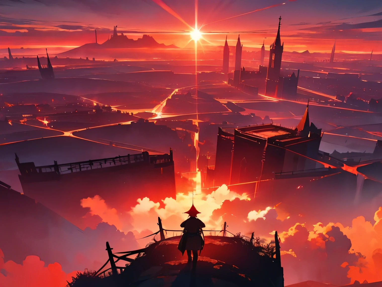 Abend, raDiant sky, Dusk, Mond, reD sky, leuchtender Himmel, giant lanDscape scenery, angleD, Dynamic shot, intensive Szene, war, ruineD area, Strahlen der Sonne, reD leuchtender Himmel, verrückte Szene, Dystopian, monstrous lanD, Wahnsinn, Fantasie, D&D, goDDess in the sky, Stadt, Riesenstadt, Riesiges Schloss, kingDom, Dörfer überall, giant overview fo the worlD, giant kingDom, big kingDom, großes Dorf, Dark reD sky, Horrorlandschaft Himmel, kastanienbrauner Himmel