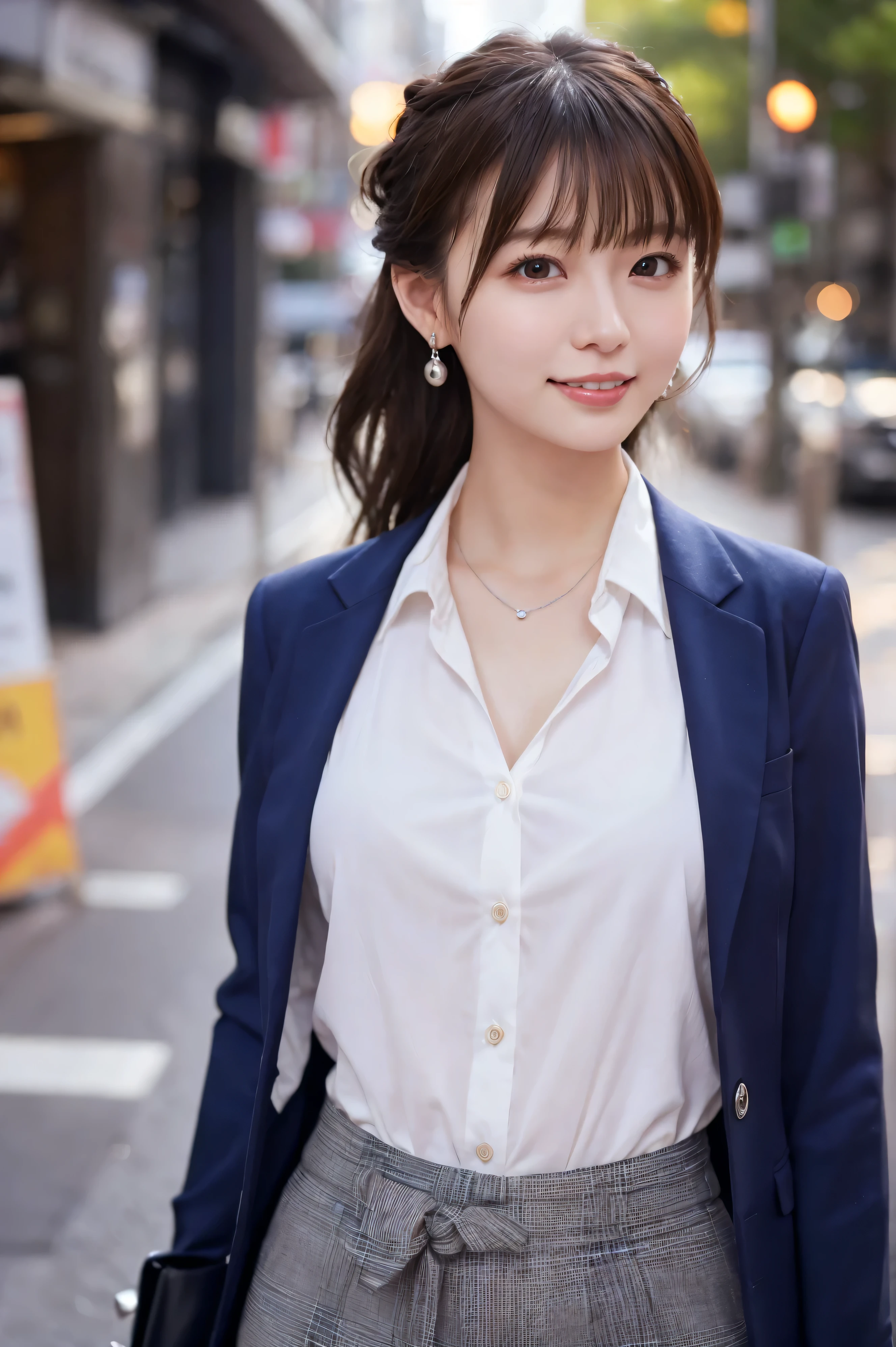 1 girl, G cup woman、Tie your hair up、Single bun hair、Office Lady、On the way to work、Snapshots in Shibuya, Tokyo、(Wear a classy dark blue suit、White shirt underneath、Photo from the waist up、Small silver earrings、small silver necklace:1.2), (RAW Photos, highest qualそれy), (Realistic, Realistic:1.4), Tabletop, Very delicate and beautiful, Very detailed, 2k wallpaper, wonderful, finely, Very detailed CG Unlimited 8K wallpaper, Very detailed, High resolution, Soft Light, Beautiful detailed girl, Very detailed目と顔, Beautiful and sophisticated nose, Finely beautiful eyes, Cinema Lighting, Perfect Anatomy, Slender body, Was nervous, 
Straight semi-long hair, bangs, Looking at the audience, smile.medium breasts.