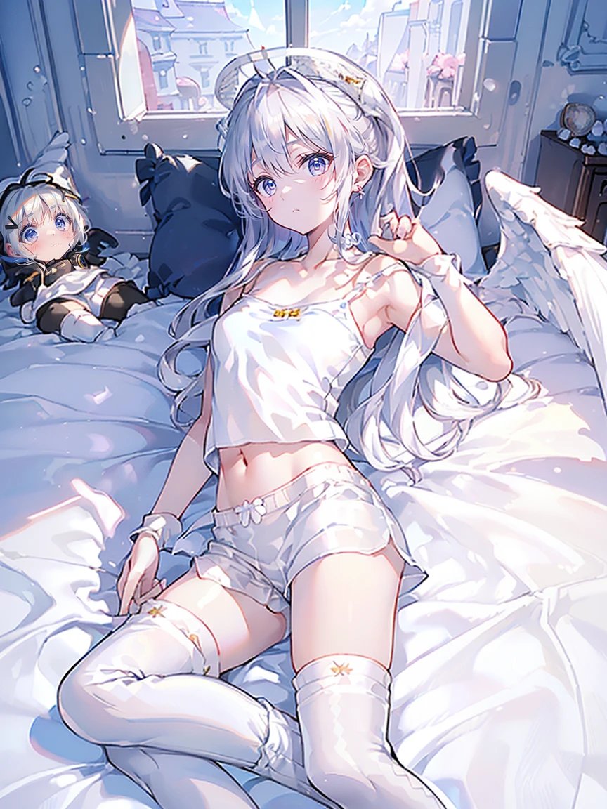 Absurd,(masterpiece、highest quality、8k ),Intricate details,Ultra-detailed、1 cute girl、((movie:1.4)),Male focus,Embarrassing、(Flat chest、bulge:2.2(Silver Hair、(Angel、White camisole,White shorts、White knee-high socks:1.3),On the bed、Ultra-realistic,Perfect Anatomy