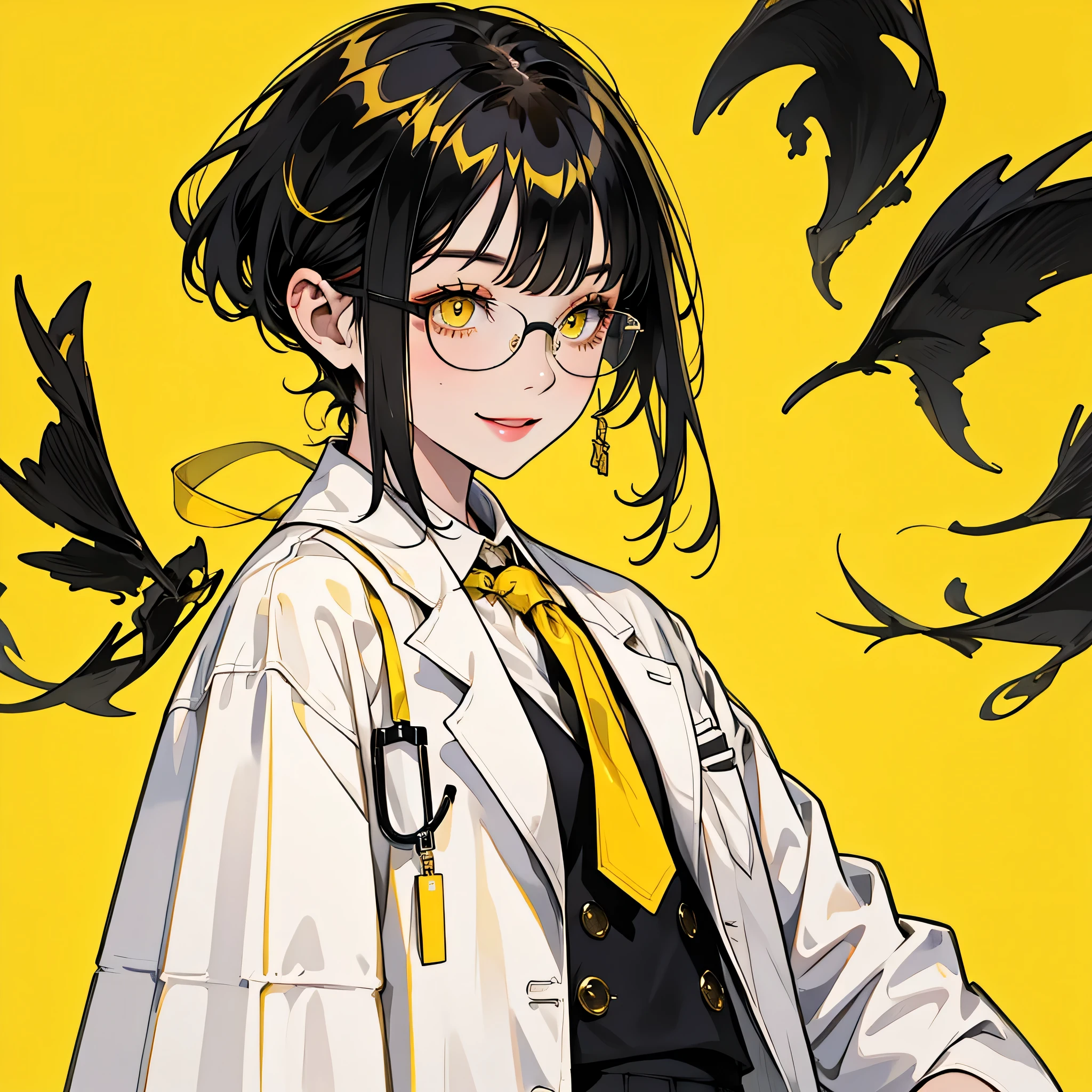 Standing against a background of black and yellow hair, 1 girl, One Girl(1:2)、 smile、Compensate、Red cheeks、short hair, Yellow Skirt, shirt, Black Hair, tie, ((doctor))、Private room、doctor style、((White long coat type lab coat))、Glasses, white shirt, Yellow Eyes, black tie, jewelry, Pleated skirt, From the side, Short sleeve, collared shirt, shirt tucked in,rum \(Rum dayo\),Yellow and black theme color、The background is solid yellow、Super simple yellow solid background,Waiting for the gentleman to start