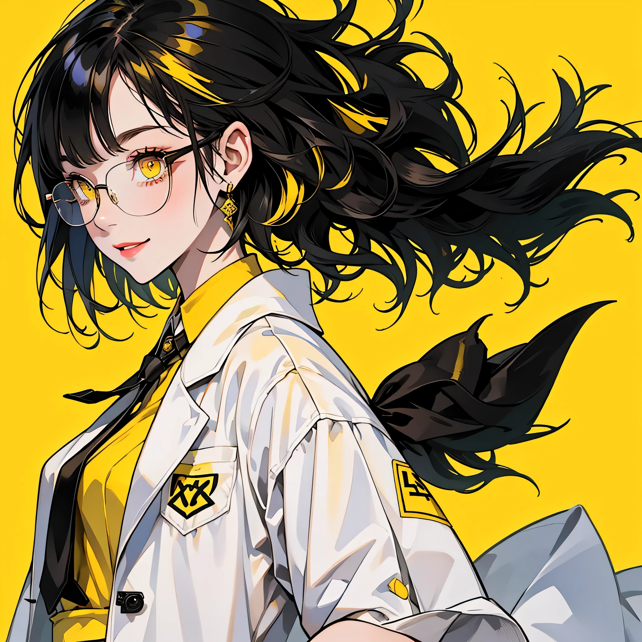 Standing against a background of black and yellow hair, 1 girl, One Girl(1:2)、 smile、Compensate、Red cheeks、short hair, Yellow Skirt, shirt, Black Hair, tie, ((doctor))、Private room、doctor style、((White long coat type lab coat))、Glasses, white shirt, Yellow Eyes, black tie, jewelry, Pleated skirt, From the side, Short sleeve, collared shirt, shirt tucked in,rum \(Rum dayo\),Yellow and black theme color、The background is solid yellow、Super simple yellow solid background,Waiting for the gentleman to start