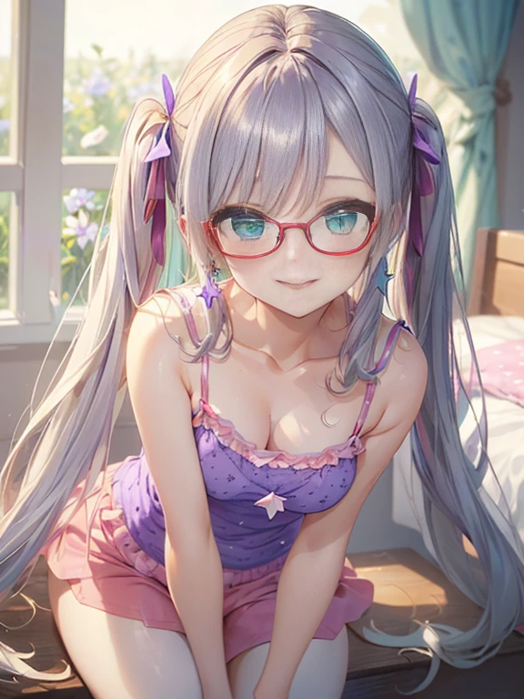 小さなgirl、The arrival of spring、Thick thighs、 (alone:1.5,)Very detailed,Bright colors, Very beautiful detailed anime faces and eyes, Look straight ahead, ;d, Shiny_skin,girl, ((Silver long hair,The inner color is red 、Forehead is exposed.、Green Eyes、Glasses、Shiny hair, Delicate beautiful face, blush、(Turquoise Eyes), White skin, Valletta, Earrings,、blue flower field、(((Star pattern pink、camisole、Purple Bloomer)))、Twin tails、smile、smile、Face dyed red