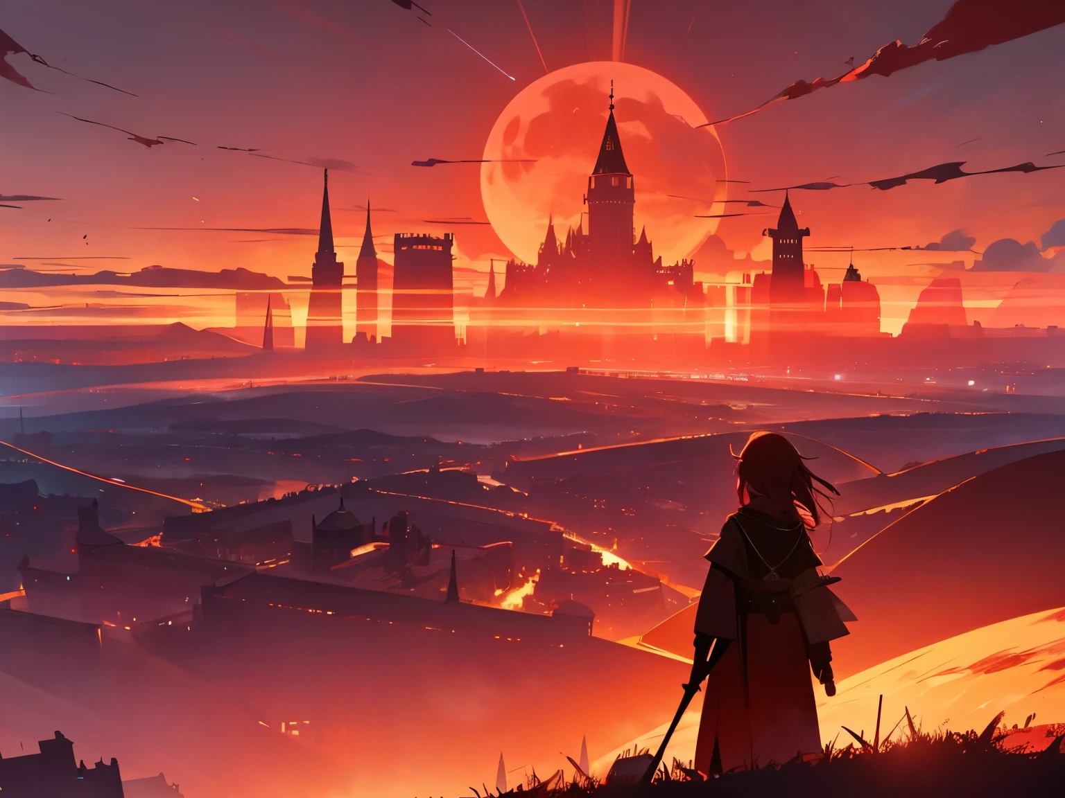 Abend, raDiant sky, Dusk, Mond, reD sky, leuchtender Himmel, giant lanDscape scenery, angleD, Dynamic shot, intensive Szene, war, ruineD area, Strahlen der Sonne, reD leuchtender Himmel, verrückte Szene, Dystopian, monstrous lanD, Wahnsinn, Fantasie, D&D, goDDess in the sky, Stadt, Riesenstadt, Riesiges Schloss, kingDom, Dörfer überall, giant overview fo the worlD, giant kingDom, big kingDom, großes Dorf, Dark reD sky, Horrorlandschaft Himmel, kastanienbrauner Himmel