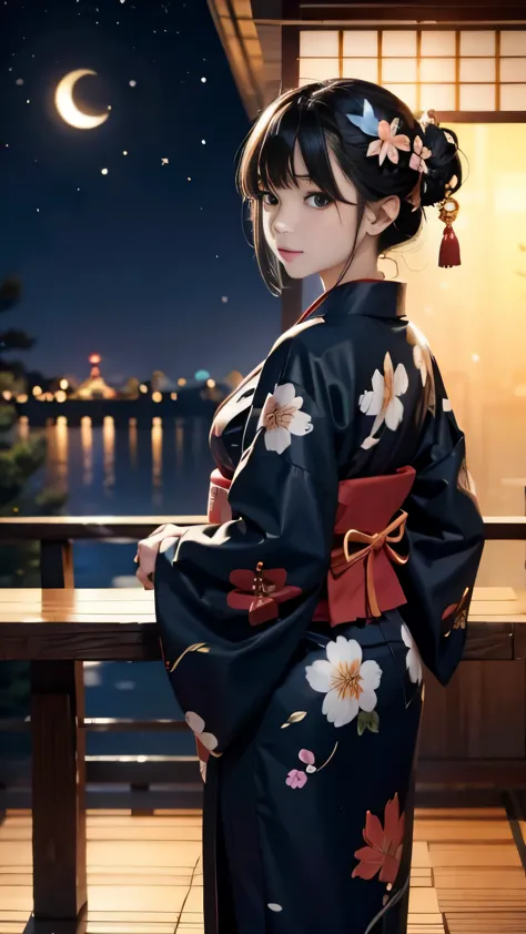 full body,looking back,♥(japanese beautiful flower printed kimono,yukata),((1girl,cute,young,semi long beautiful black hair,blun...