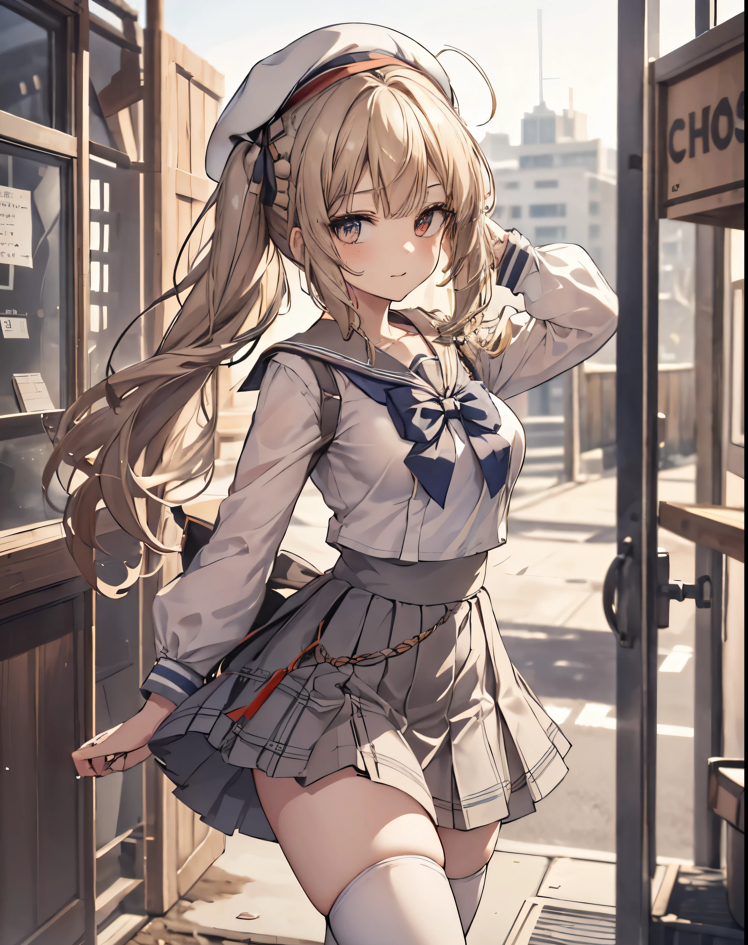 masterpiece, 1girl, sparrow, a blonde haired girl, wearing a white sailor clothes, curly long hair, messy hair, slim body, he close her left eye, shirt ornament, red eyes, sho show her back, ahoge, baby face, big breast, beautiful breasts, rounded breasts, braid hair, beret, long sleeves, beautiful eyes, white stocking, droopy eyes, miniskirt, grey skirt, plaid skirt, her age is 19 years old, beret, cheerful expression, school, bowtie, sailor collar, pleated skirt, twintail