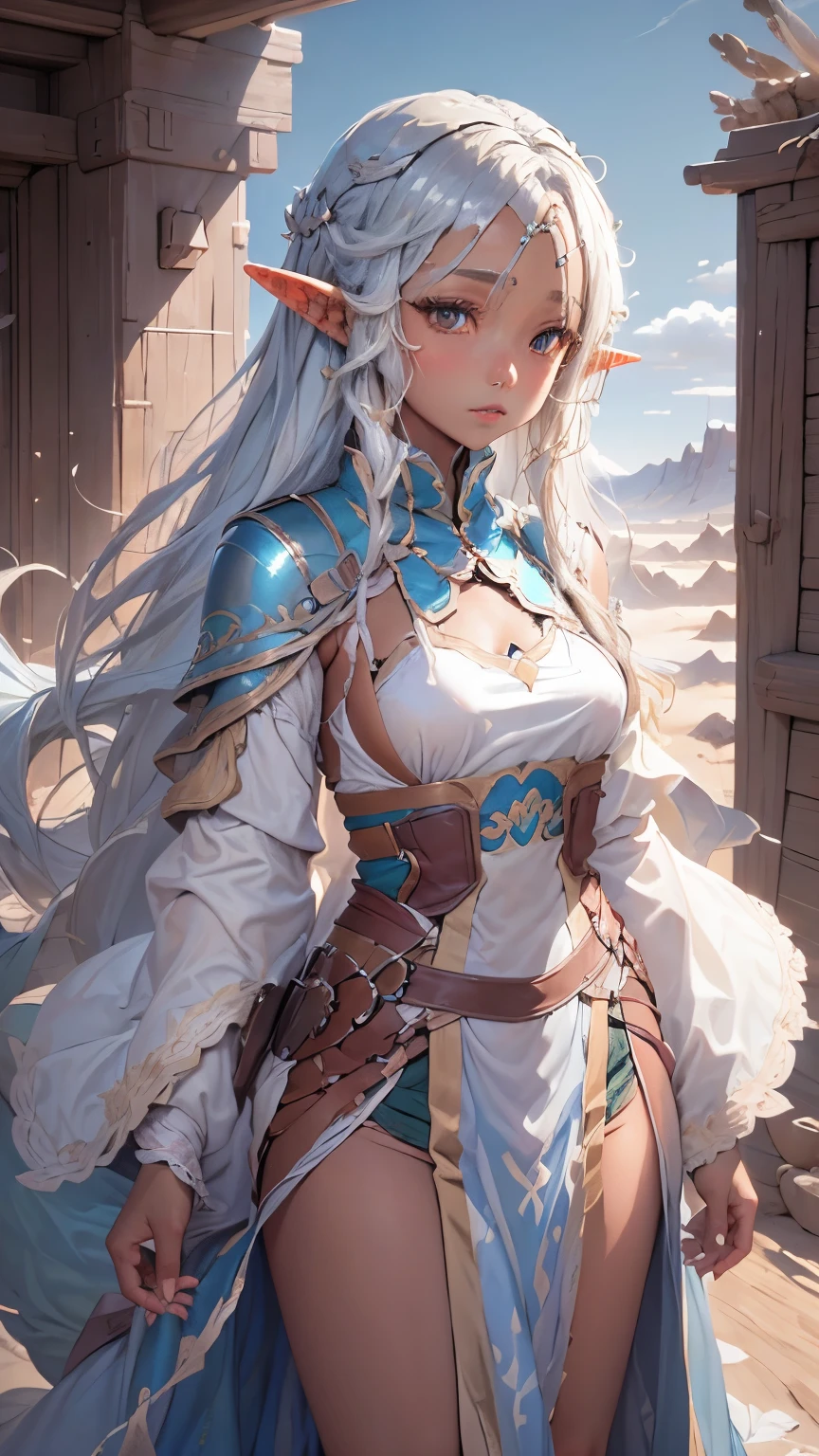 One Woman。Beautiful woman。silver long hair。Brown Skin。Desert Elf。desert people clothing。The background is blue sky and white clouds、Desert as far as the eye can see。