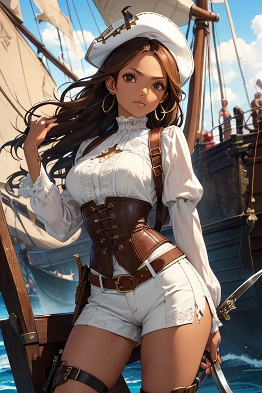 (masterpiece), best quality, expressive eyes, perfect face, (pirate ship background), (standing), (smirk), (closeup view), (1girl, Jennifer Lopez, dark skin, tanned skin, black hair, wavy hairstyle, brown eyes, hourglass figure, thin body, skinny body, petite_body, small breasts, thick thighs, long fingernails, brown plaid head wrap, white front lace blouse, long sleeve, loose fit, brown leather corset, brown leather shorts, brown boots, sheathed cutlass sword, flintlock pistol in holster, hoop earrings, miscellaneous jewelry)