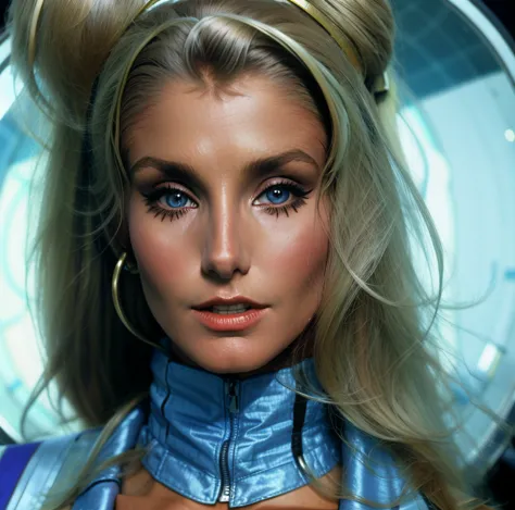 Heather Thomas 8k portrait of 1960s science fiction as air stewardess, (( flight attendan))