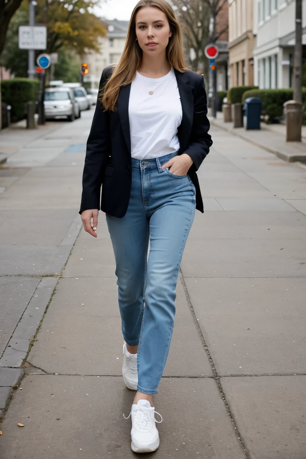 A woman walking down a sidewalk wearing a blazer and jeans - SeaArt AI