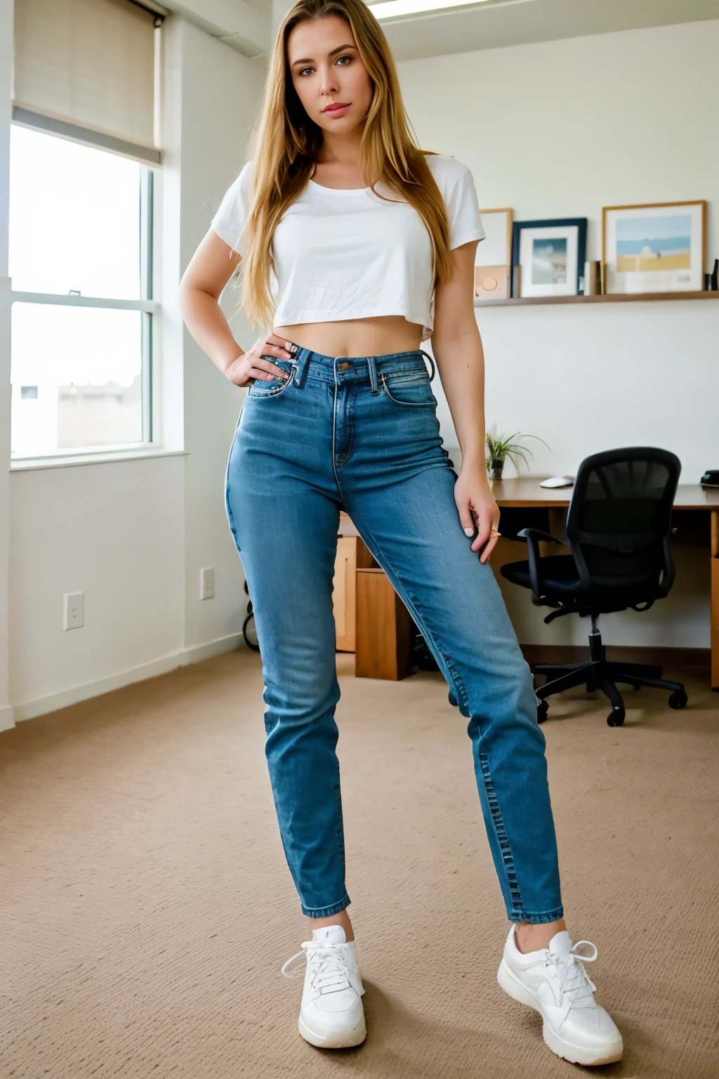 A woman in a white shirt and jeans posing for a picture - SeaArt AI