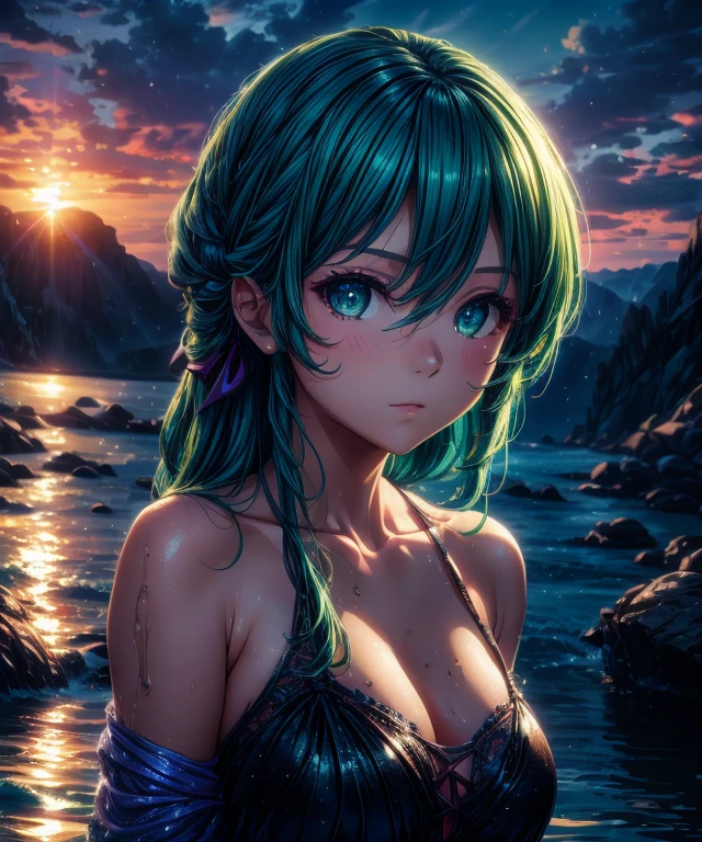 Best Quality, Masterpiece, Ultra High Resolution, (Realism: 1.4), Original Photo, 1Girl, Green Eyes, Off-the-Shoulders, Cinematic Lighting, Blue Hair, At Sunset