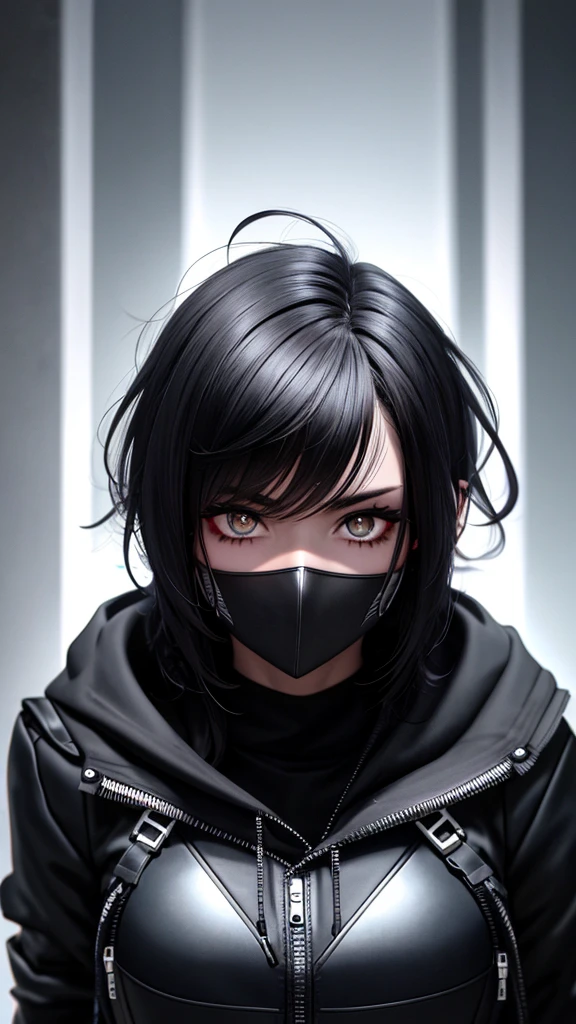 perfect face, short wavy black hair color, sharp eyes, dark black eyeballs, cyberpunk masker, black hoodie color, profile picture, dark light background. 