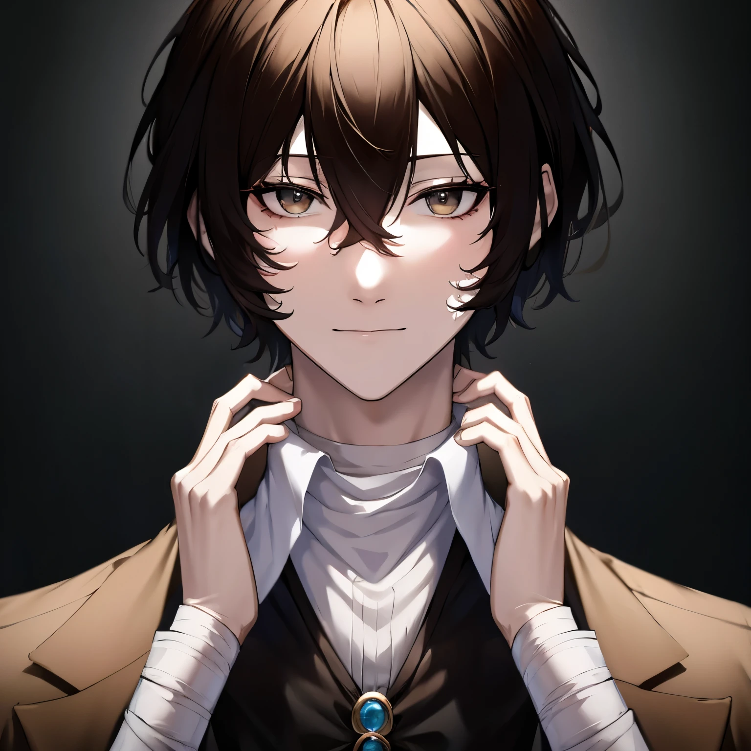 table top, highest quality, 超A high resolution, highest quality, anime style, dazai osamu, bandaged, coat, close up of face