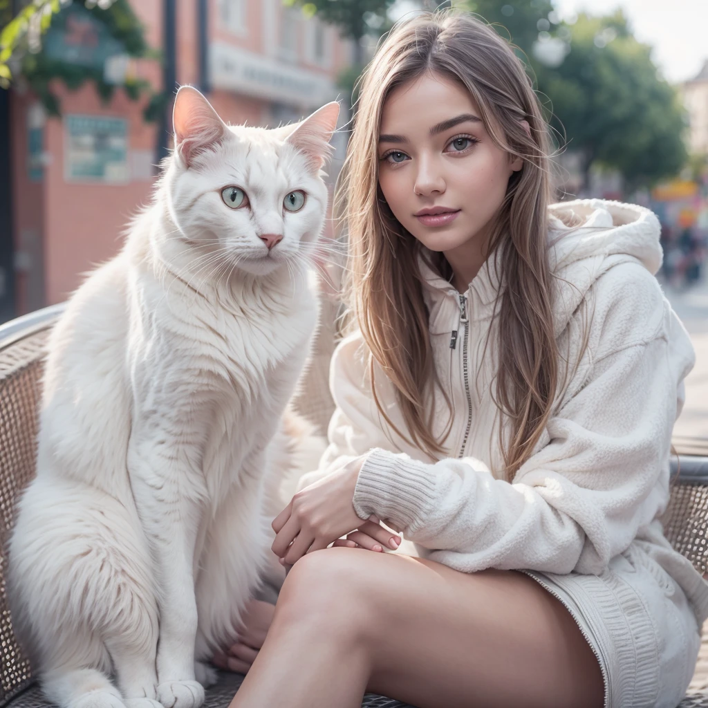 (highest quality like a photograph),live-action,(A beautiful woman is sitting with a cat beside her),(a very detailed White cat),High quality,8k,(high-quality like a photograph),masterpiece:1.3,(a beautiful 15 years old girl), (very elegant and futuristic sporty fashion),(Gentle smile),(a stylish park),(urban landscape),((There are five fingers on each hand)),pedestrians are visible,pink
