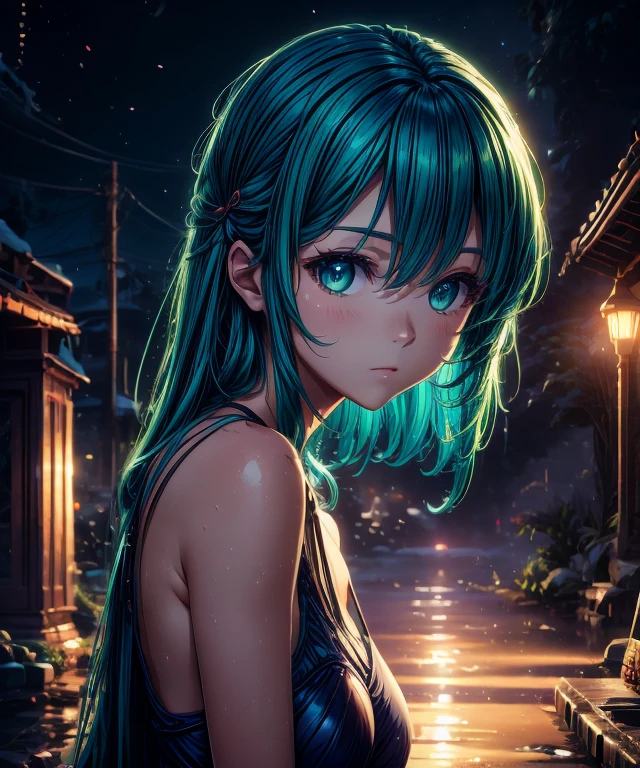 Best Quality, Masterpiece, Ultra High Resolution, (Realism: 1.4), Original Photo, 1Girl, Green Eyes, Off-the-Shoulders, Cinematic Lighting, Blue Hair, At Sunset