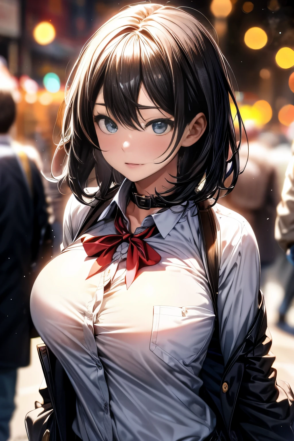 Emma Stone, black_hair, Blurred, Blurred_background, Blurred_prospect, Bokeh, chest, Brown_eye, button_gap, buttons, Christmas_wood, chestof谷間, With collar_shirt, Cosplay_photograph, depth_of_Field, big_chest, lips,shirtofchestbuttonがはずれてblackいブラジャーが丸見え, Erect nipples