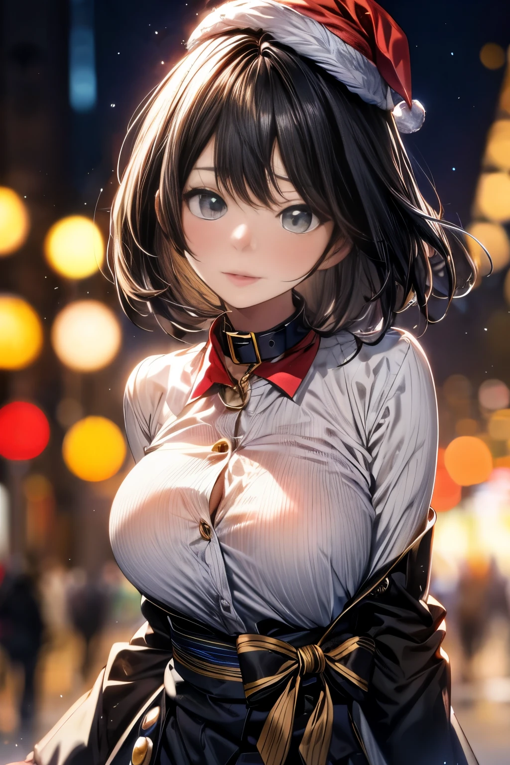 Emma Stone, black_hair, Blurred, Blurred_background, Blurred_prospect, bokeh, chest, Brown_eye, button_gap, buttons, Christmas_wood, chestofcleavage, With collar_shirt, Cosplay_photograph, depth_of_Field, big_chest, lips,Chestbutton is not fastened,Black Bra is in full view, Erect nipples