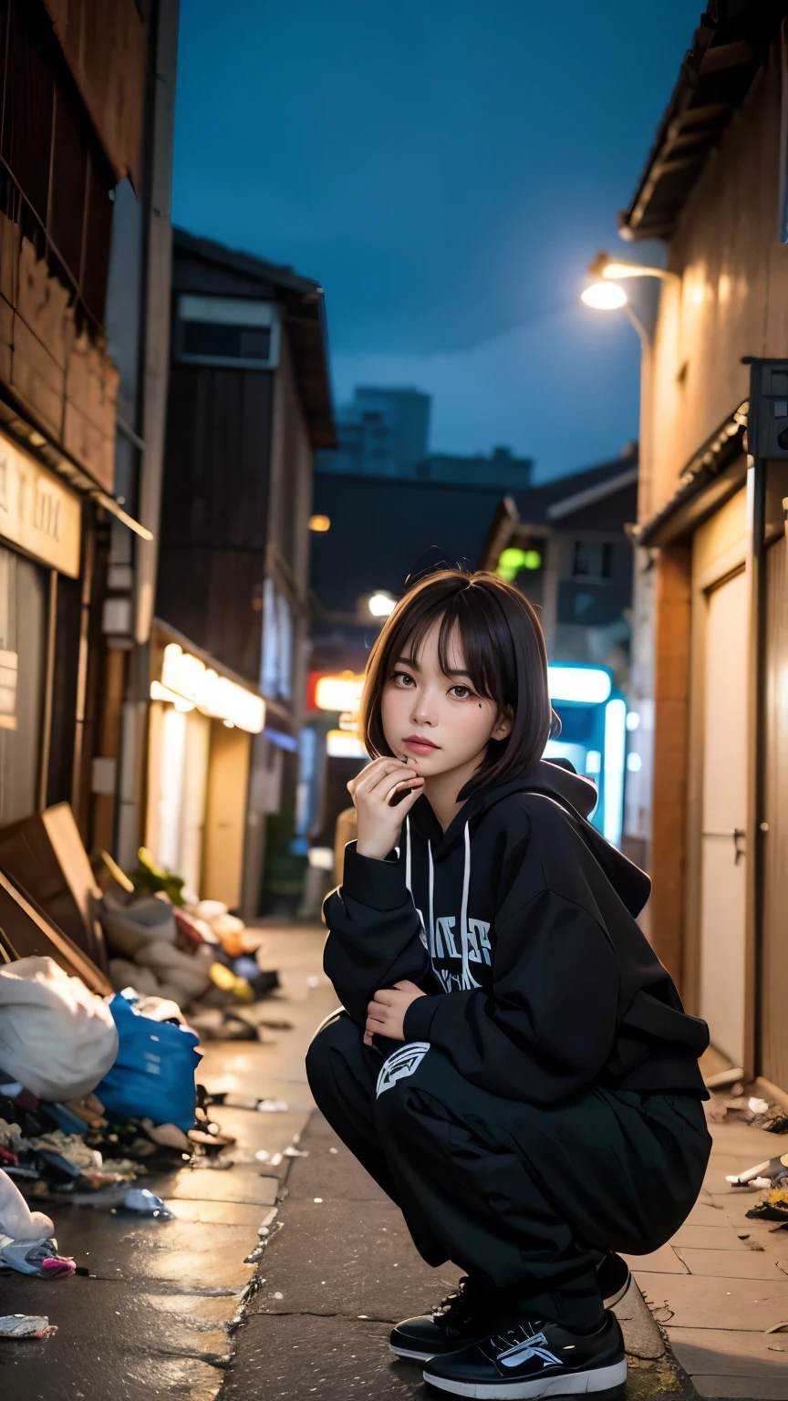 18-year-old,Korean women,Crouching down and looking at me,(((Dirty neon street at night))),(((Facing forward))),(((Frowning,カメラをGlaring))),(Very fine eye), (((Wearing a black hoodie,Wearing baggy pants))),(((Collapsing Building))),(((old buildings))),((photograph)),((A woman near a garbage dump)),(((Fabric Shading))), (((highest quality))), (((masterpiece))) strong girl, ((((Realistic)))), I have a card,Black Hair, chic hairstyle, ((With bangs,Straight medium bob cut, nice hair)), Light makeup,Red eyes, (((I&#39;m not wearing lipstick))), (nice, strong), (((Strong night atmosphere))), Centered Images, Looking at the camera, Elegant colors,Realistic Skin,Realistic texture,８k,whole body,Pale skin, (((Dirty garbage dump))),A huge amount of trash,Red iris,Expressionless,Glaring,Perfect Face,(((Big eyes))),He is wearing baggy black pants with wide white stripes.,Mouth closed, portrait of aespaのウィンター,She is wearing black streetwear, Woman in black streetwear, 黒いハイテクな服を着た女性のphotograph, Girl wearing black hoodie, Cyberpunk Streetwear, Cyberpunk Streetwear street fashion e-girl,